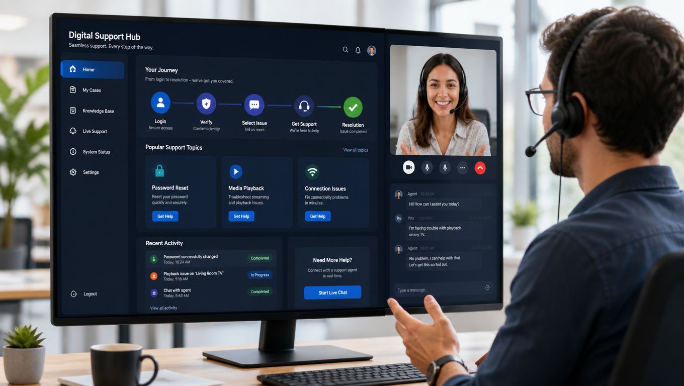 A professional support agent communicates with a customer via video call on a digital support interface.