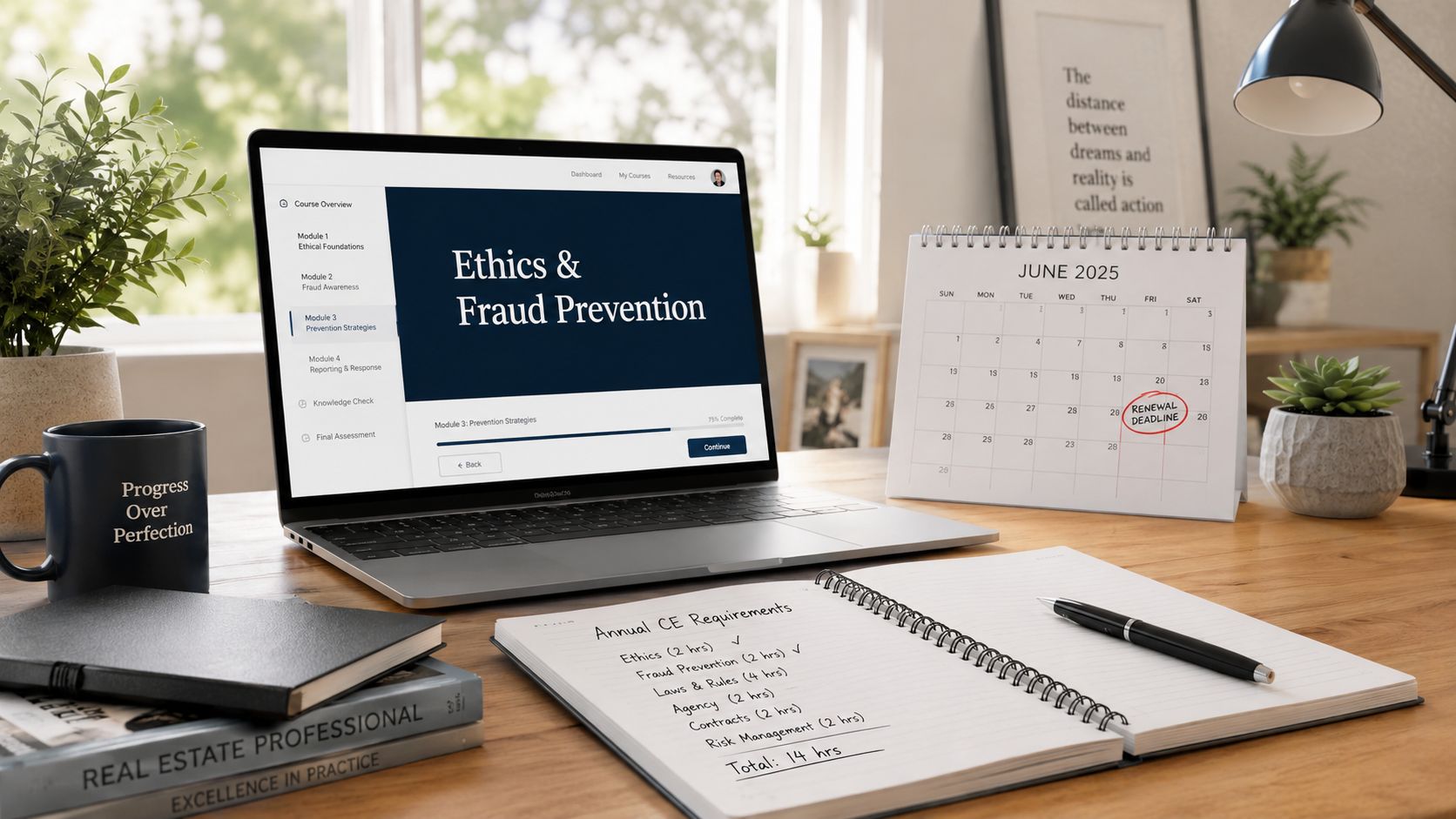 A modern workspace with a laptop displaying an online ethics and fraud prevention course for real estate professionals.