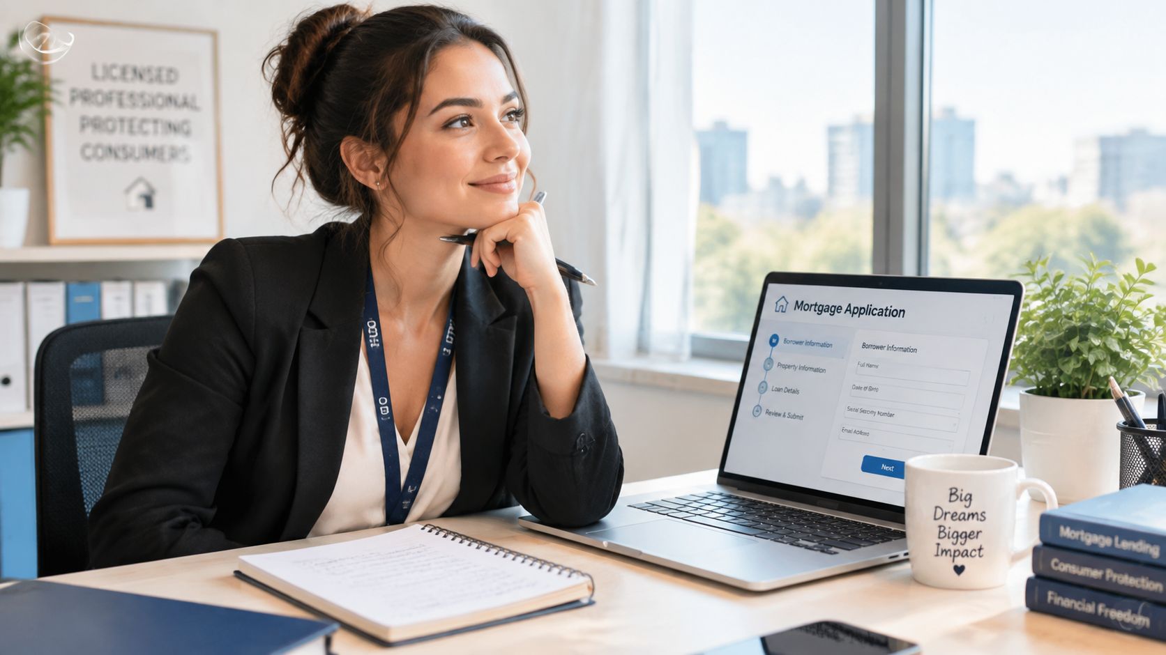 A professional mortgage lender smiling thoughtfully while working on a digital mortgage application on her laptop.