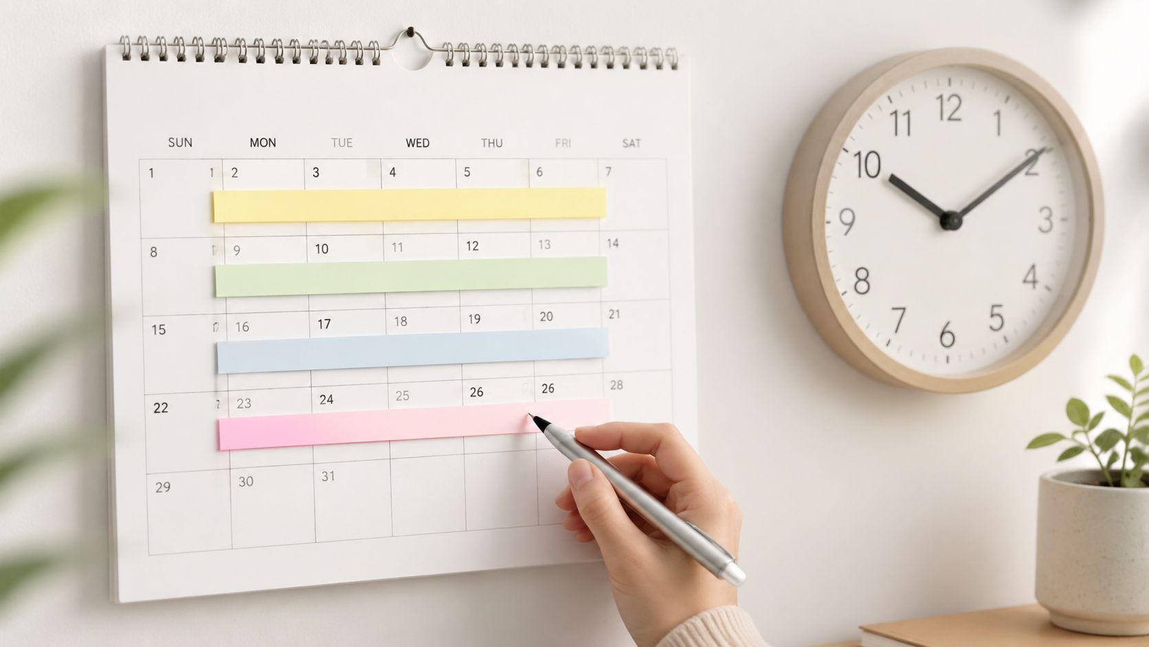 A person writes on a wall calendar with colorful sticky notes next to a clock.