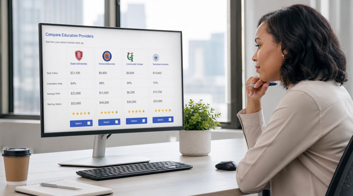 A professional woman reviews an education comparison table on a computer monitor in an office setting.