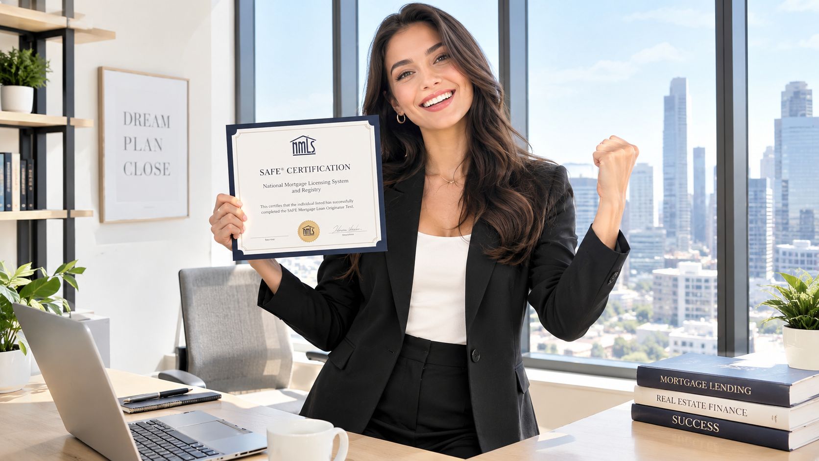 A successful mortgage loan originator holding an NMLS SAFE certification in a modern office with city views.