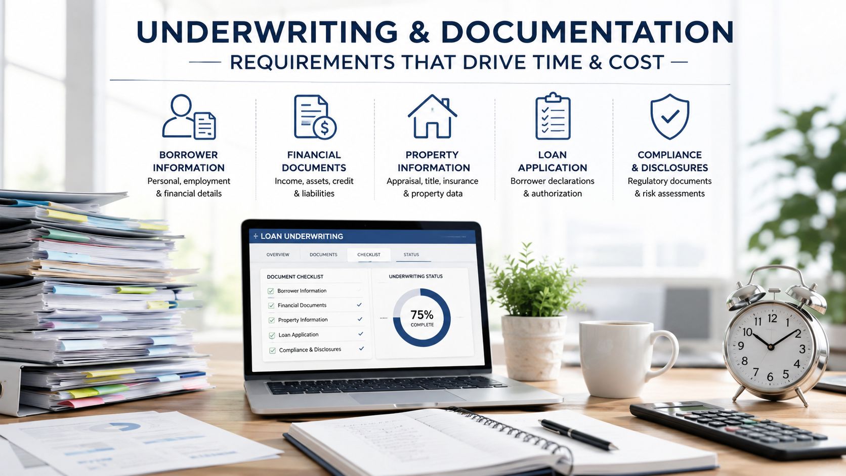 A laptop showing a mortgage loan underwriting checklist with a stack of documents on a desk.