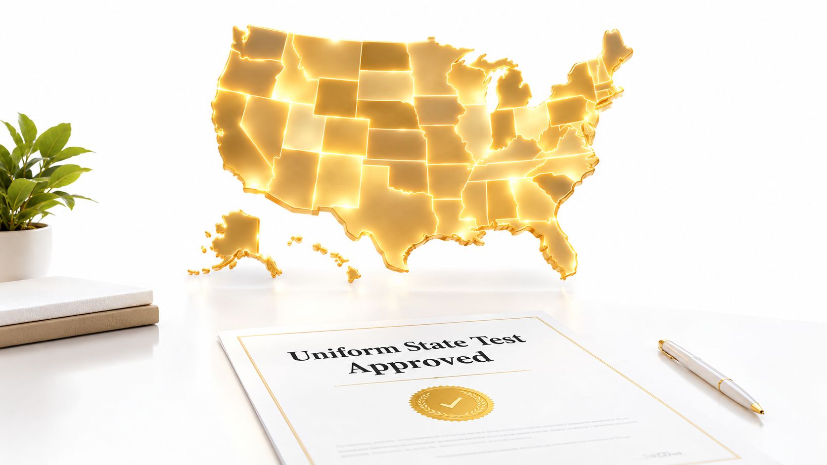 A document titled Uniform State Test Approved sits on a white desk with a golden USA map.