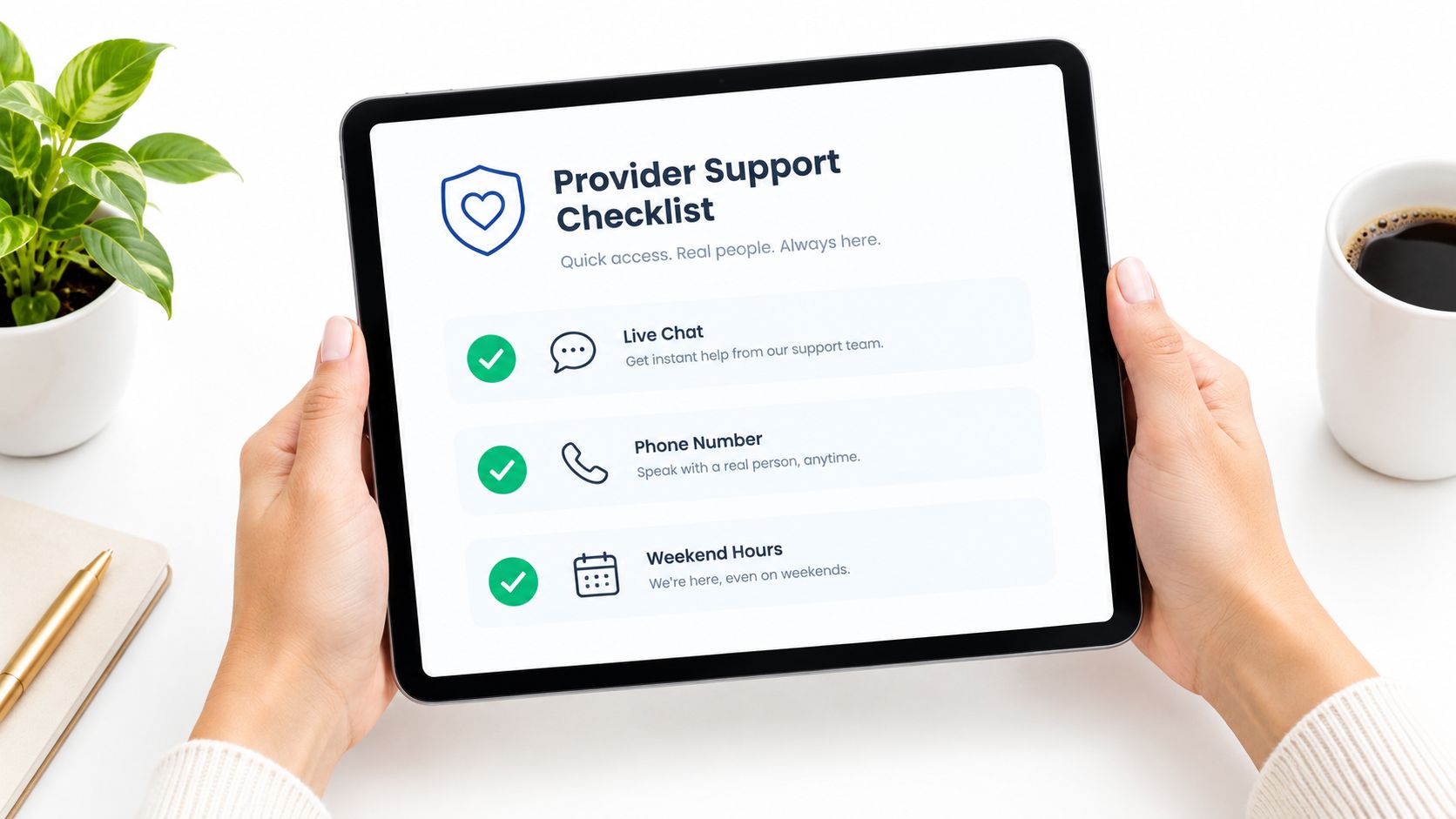 A person holding a tablet displaying a provider support checklist for instant customer service and assistance.