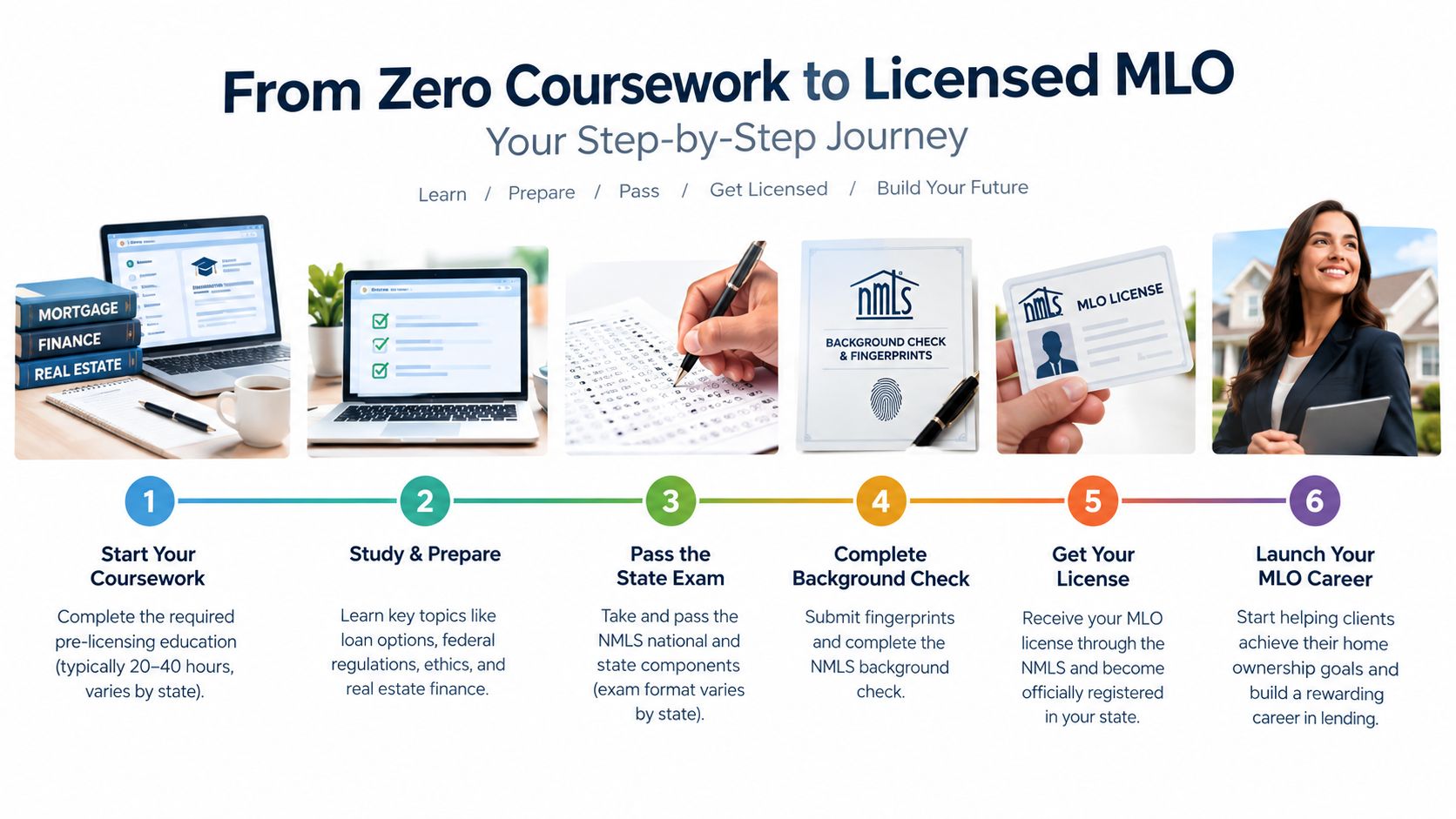 A step-by-step infographic showing the process from starting mortgage loan originator coursework to launching a career.