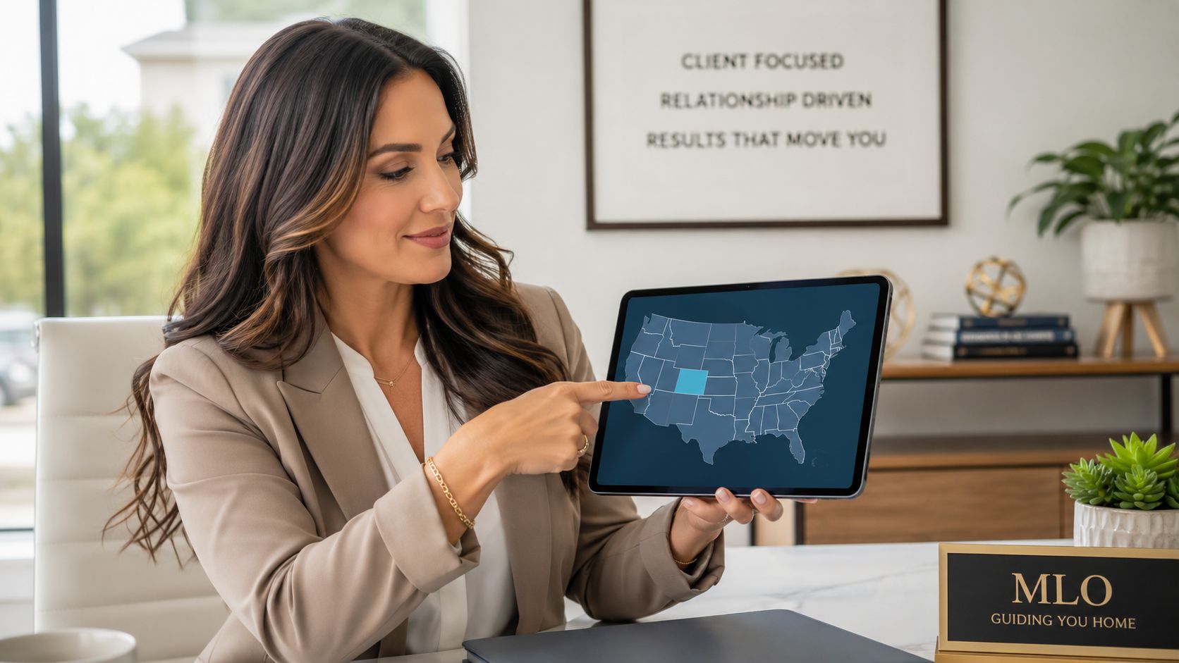 A professional mortgage loan officer points to a highlighted state on a digital map of the United States.