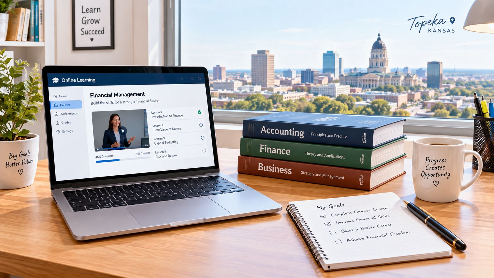 A laptop showing an online finance course on a desk with textbooks and a goal-setting notebook.