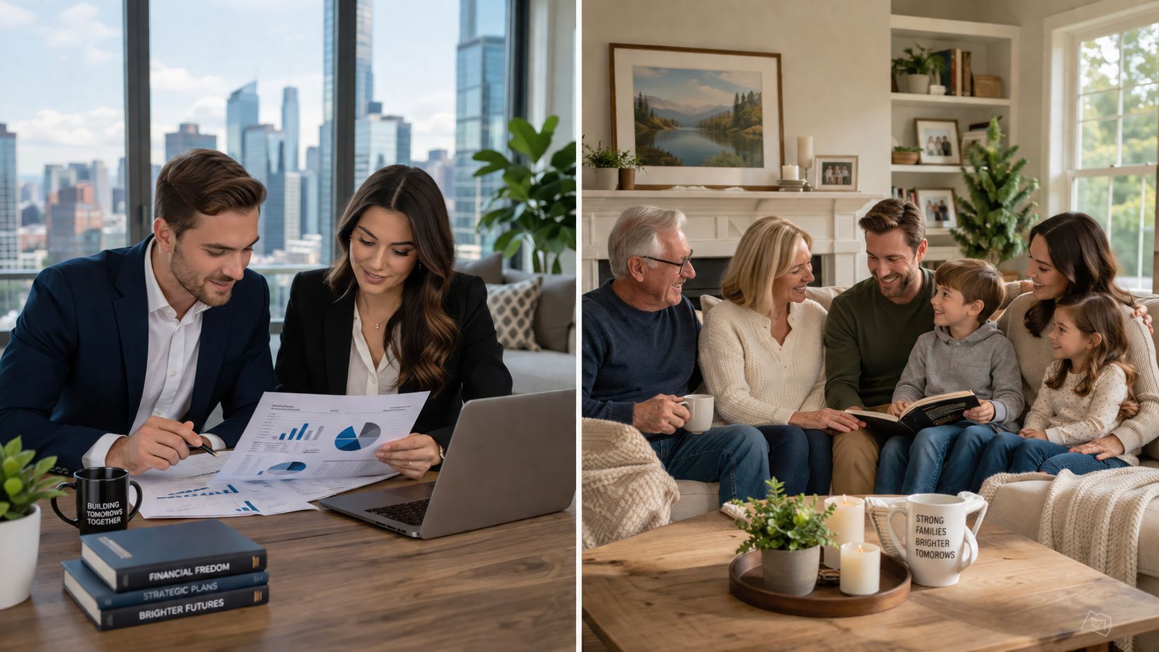 Professional financial advisors reviewing charts beside a happy family enjoying quality time together in a living room.
