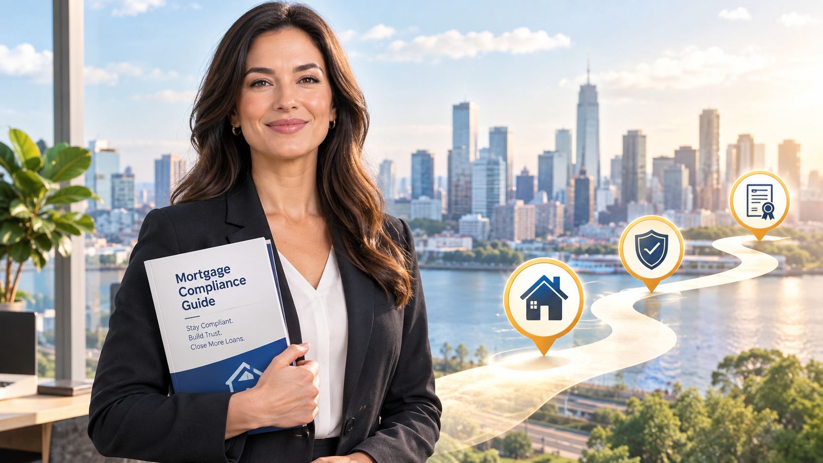 A professional woman holding a mortgage compliance guide in front of a city skyline background.
