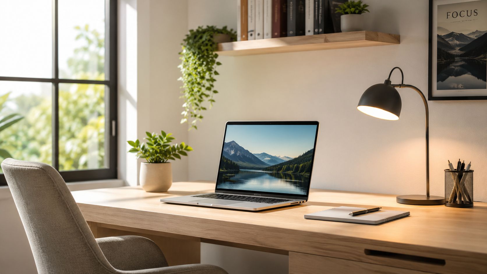 A clean, modern home office desk with a laptop, lamp, and indoor plants for focused studying.