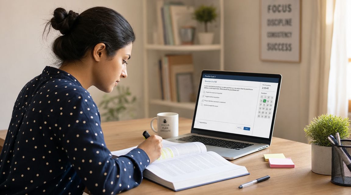 A young woman studying for a professional exam on her laptop while taking notes from a book.