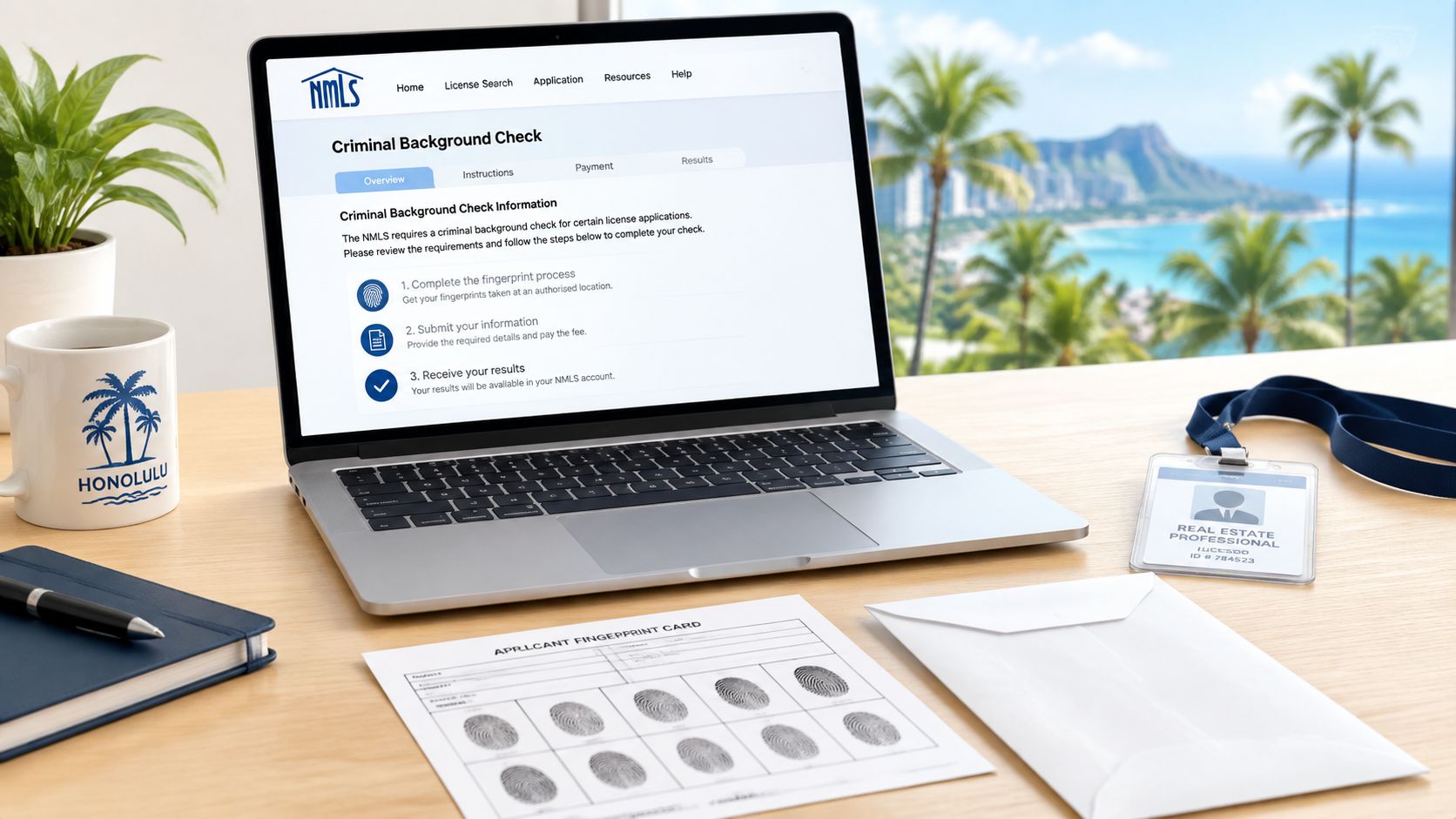 Laptop screen displaying NMLS criminal background check portal with fingerprint card on a desk in Honolulu, Hawaii.