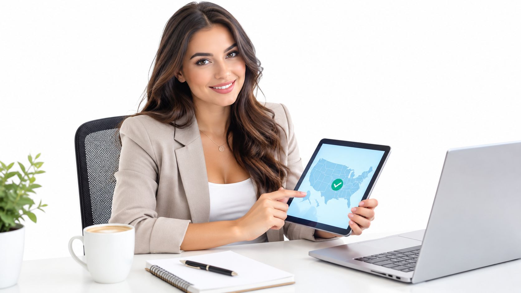 A professional woman in a blazer pointing at a United States map on a digital tablet.