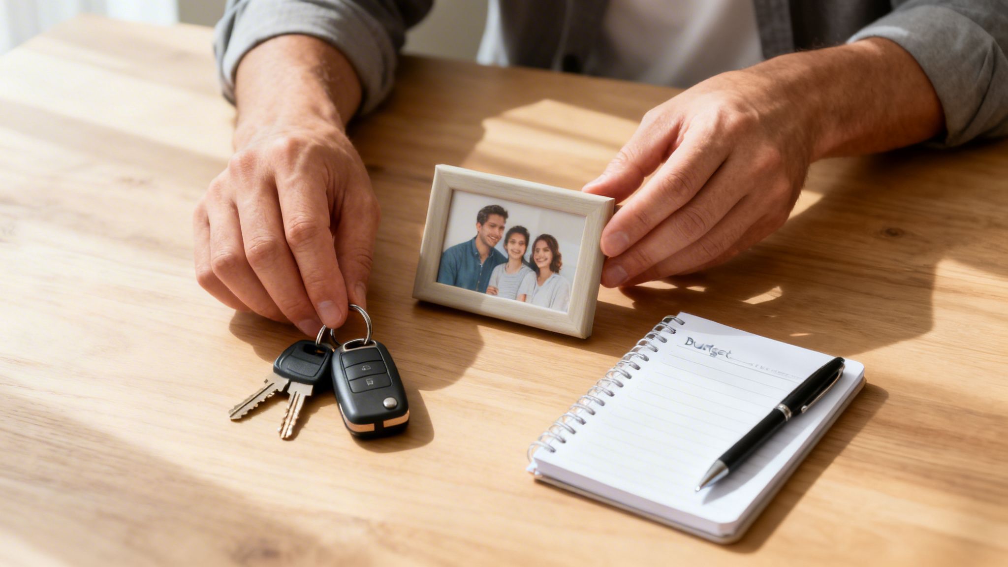 A person's hands hold car keys and a family photo next to a 'Budget' notebook on a wooden table.
