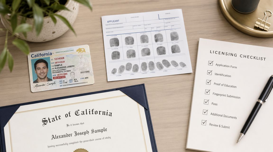 A California identification card, a fingerprint card, a license checklist, and a certificate on a desk.
