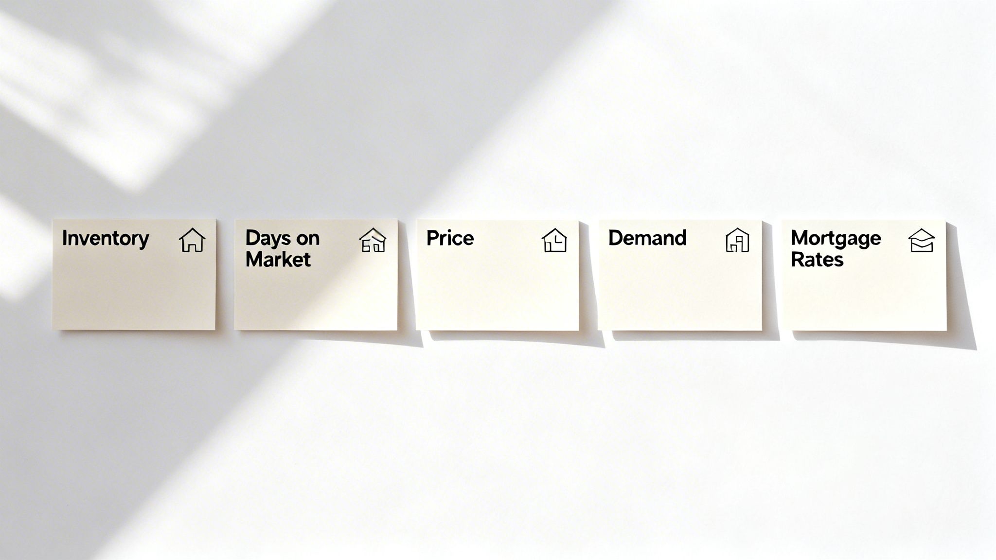 Five cards on a white surface, outlining real estate market factors like inventory, price, and mortgage rates.