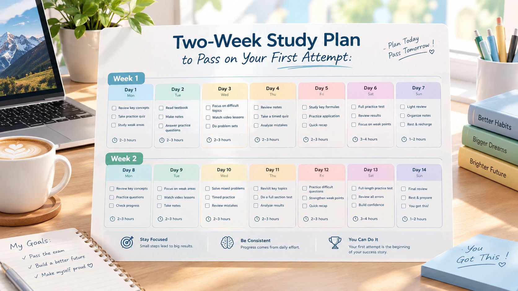 A detailed two-week study plan displayed on a desk with a laptop, coffee, and study materials.