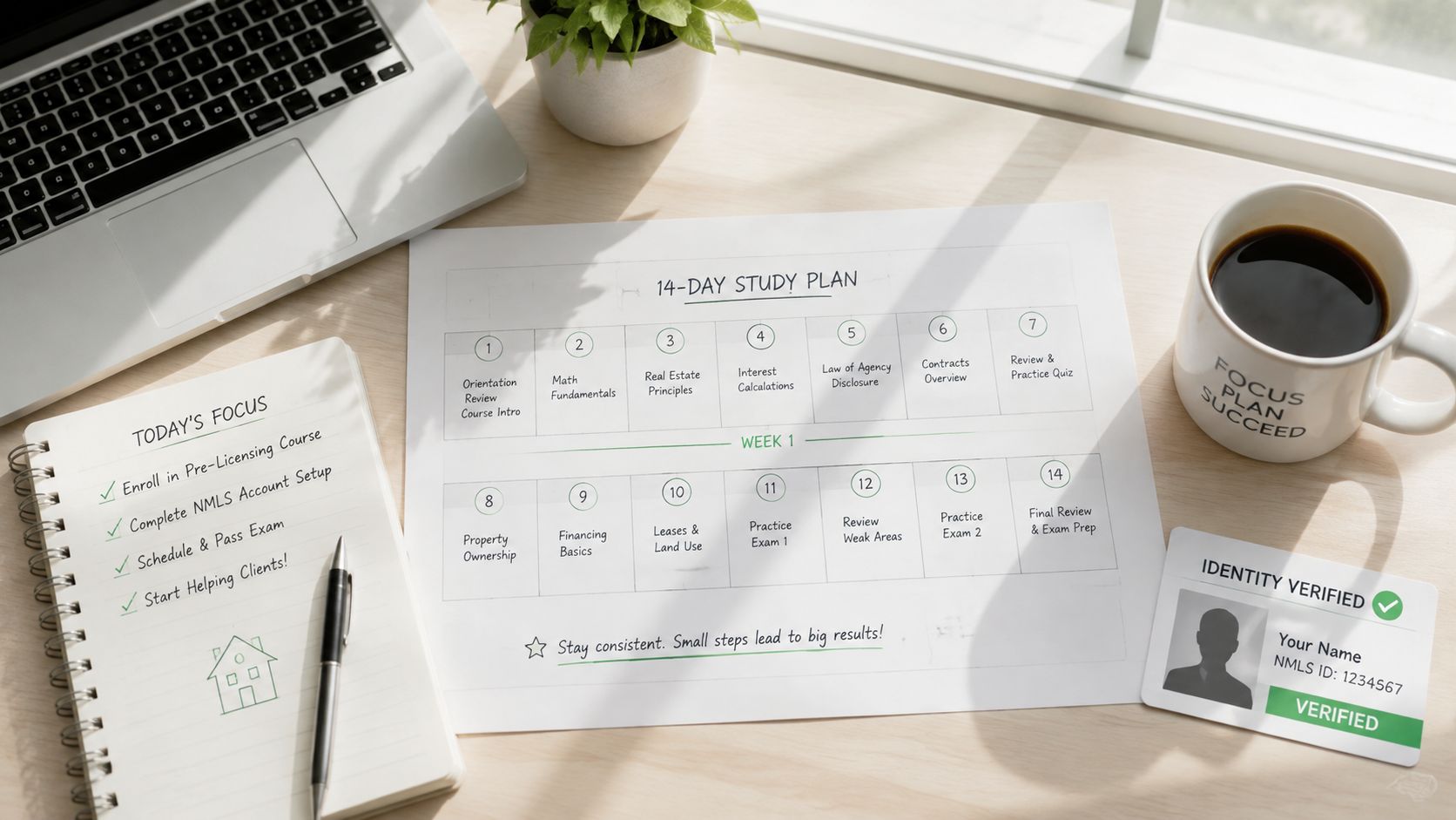 A 14-day real estate study plan with a laptop, coffee cup, and verified identity badge on a desk.