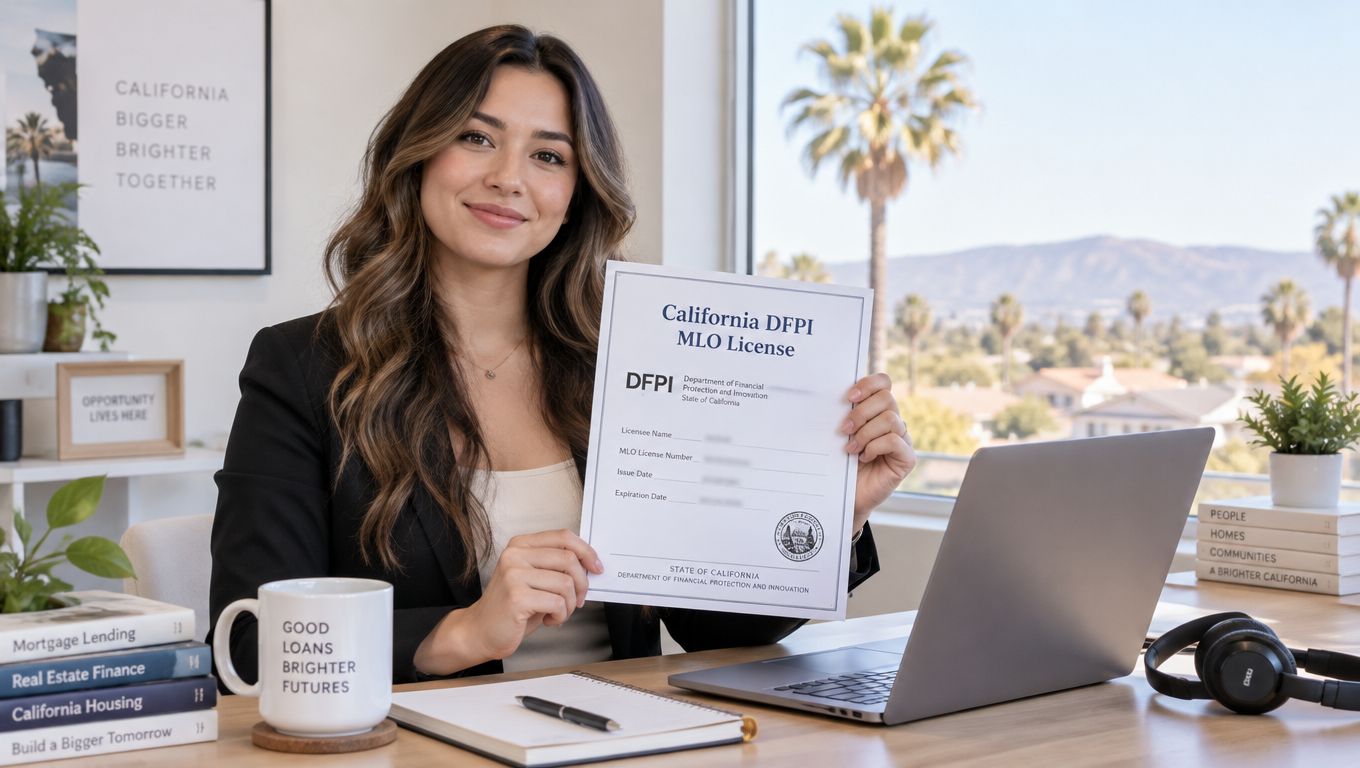 A professional woman holding a California DFPI MLO license certificate while sitting at a desk with a laptop.
