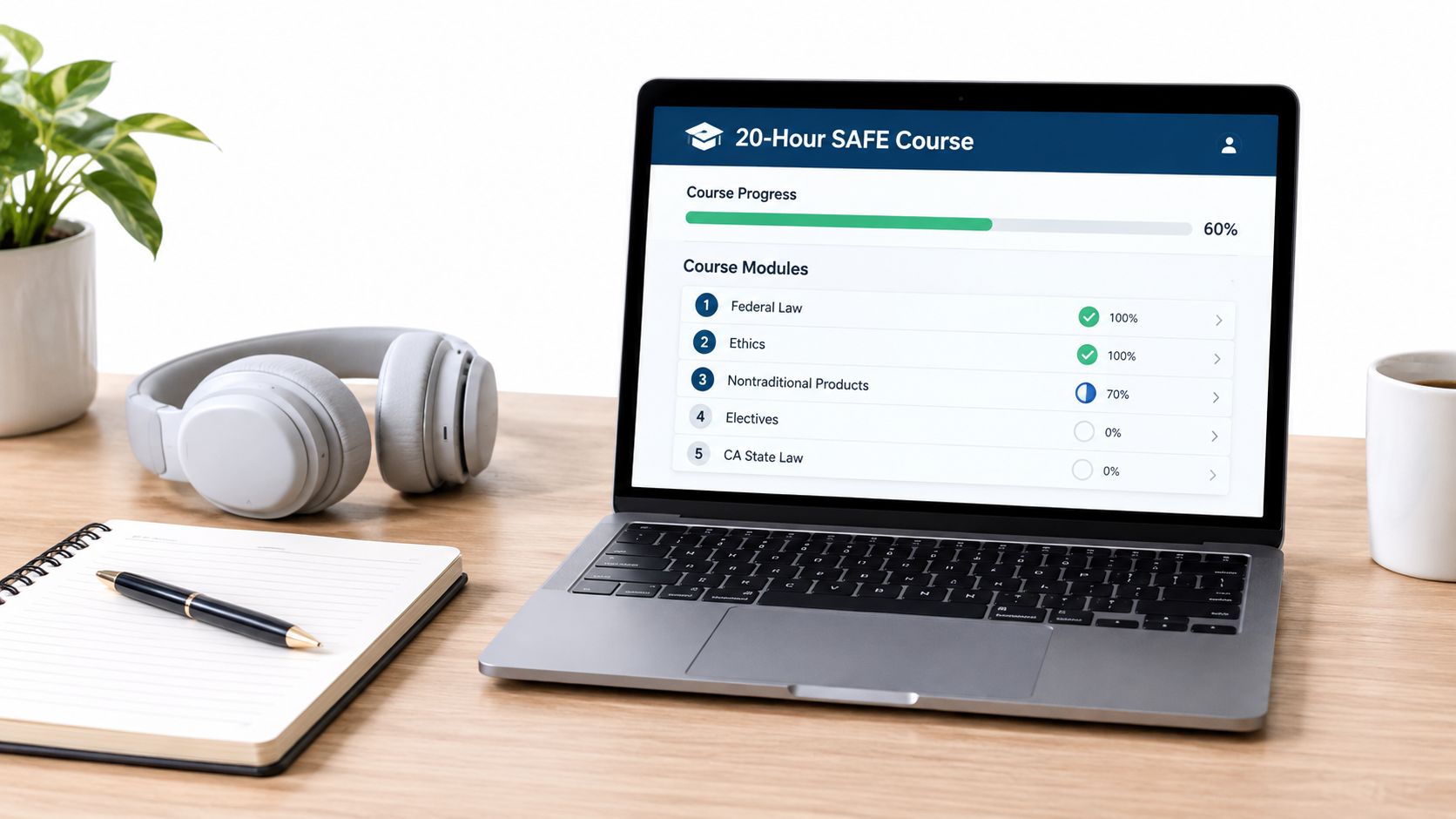 A laptop on a wooden desk displaying a 20-Hour SAFE course with module progress percentages.