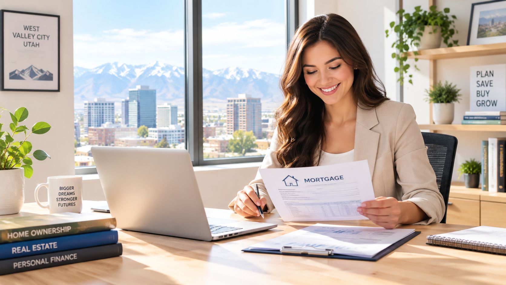 A professional woman smiling while reviewing mortgage documents at her desk with a city skyline view.