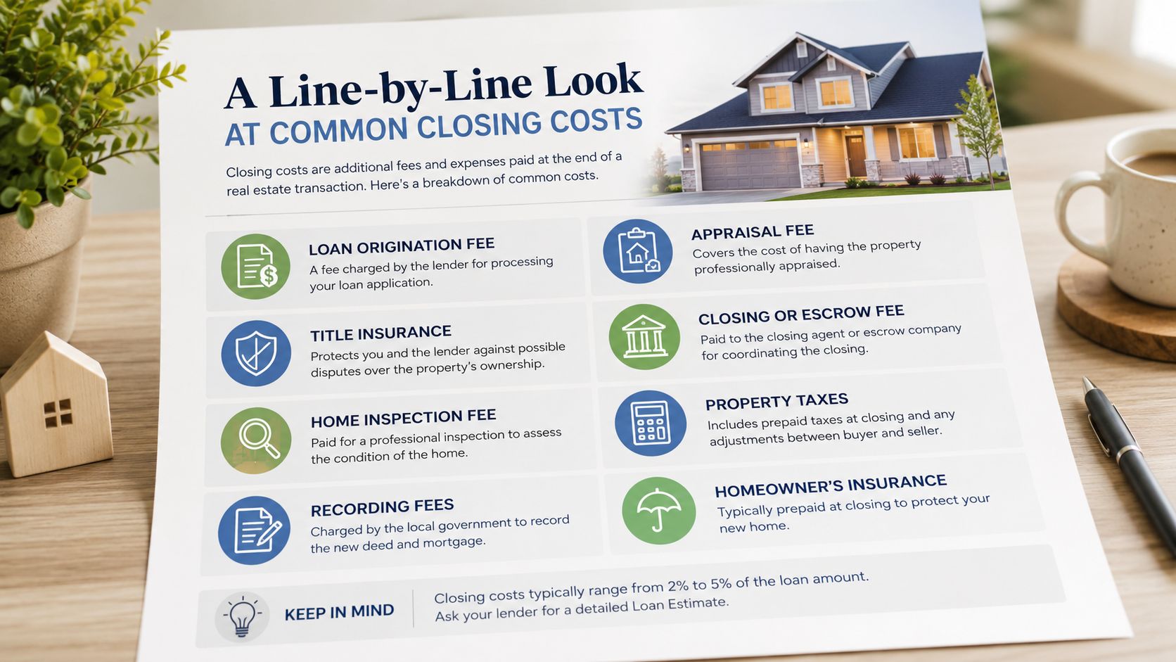 A printed infographic on a wooden desk explaining common real estate closing costs for homebuyers.