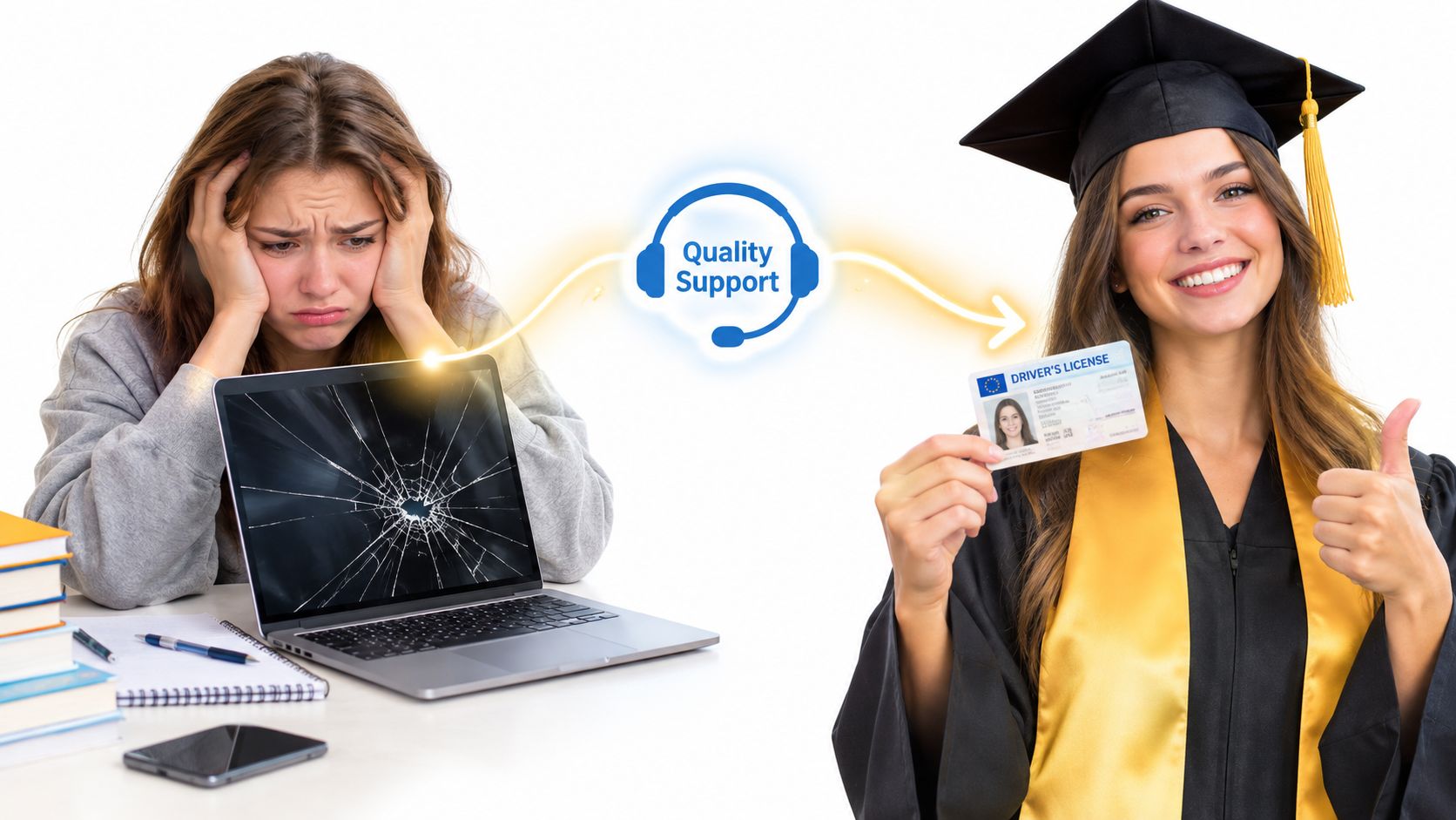 A student looking stressed by a broken laptop transitions to a successful graduate holding a driver's license.