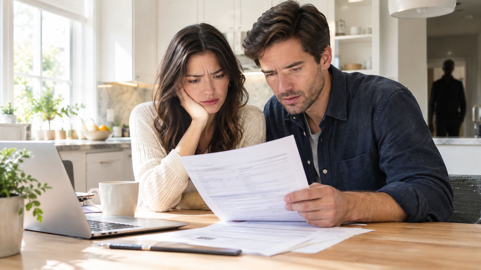A concerned couple sitting at a table in their kitchen, reviewing financial documents with serious expressions.