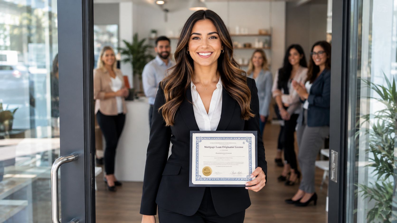 A professional woman holding a Mortgage Loan Originator license in an office with her colleagues in background.
