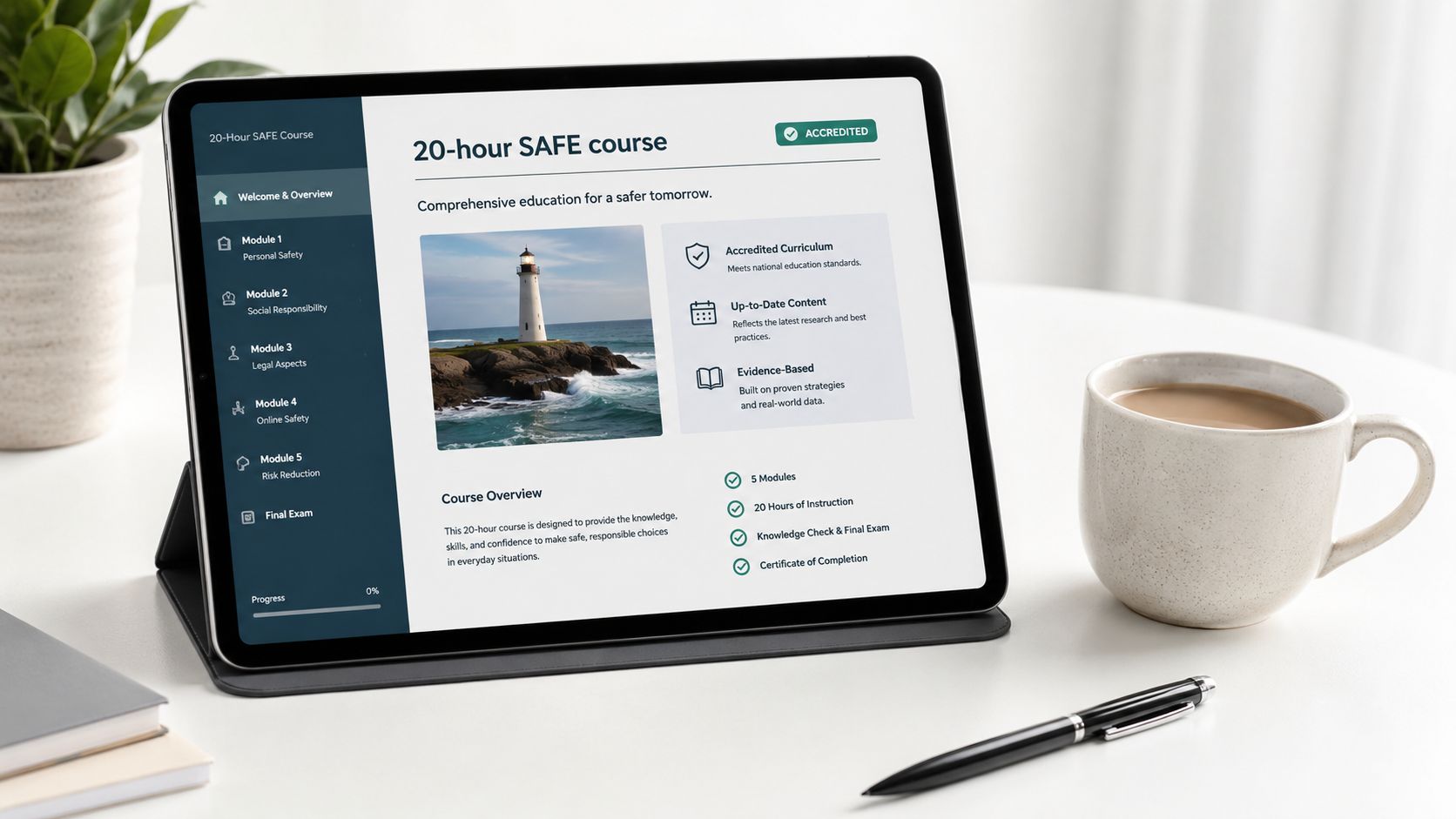 A digital tablet displaying a 20-hour SAFE online course curriculum on a desk with a coffee mug.