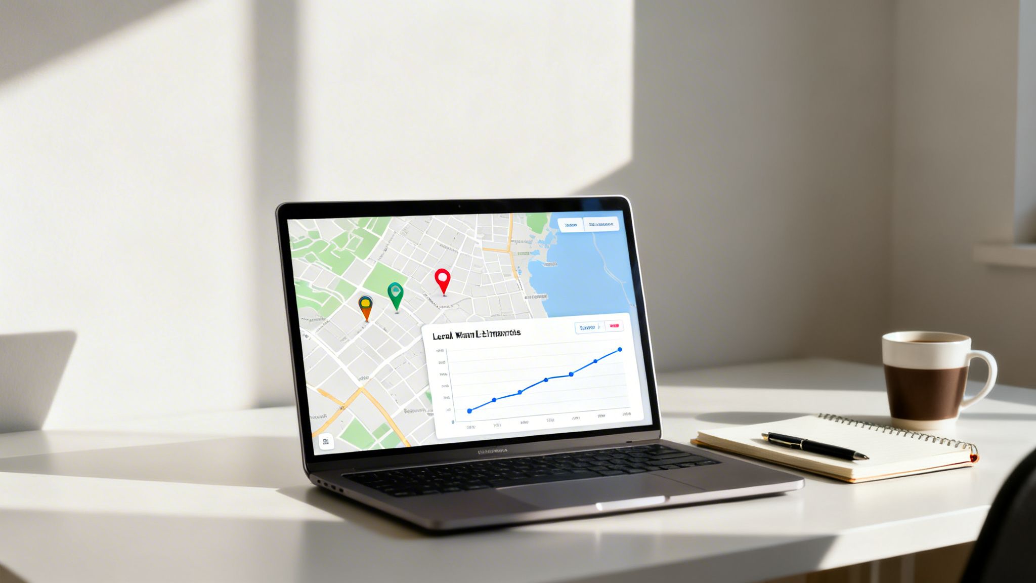 A laptop showing a map and a graph on a bright desk with a coffee mug and notebook.