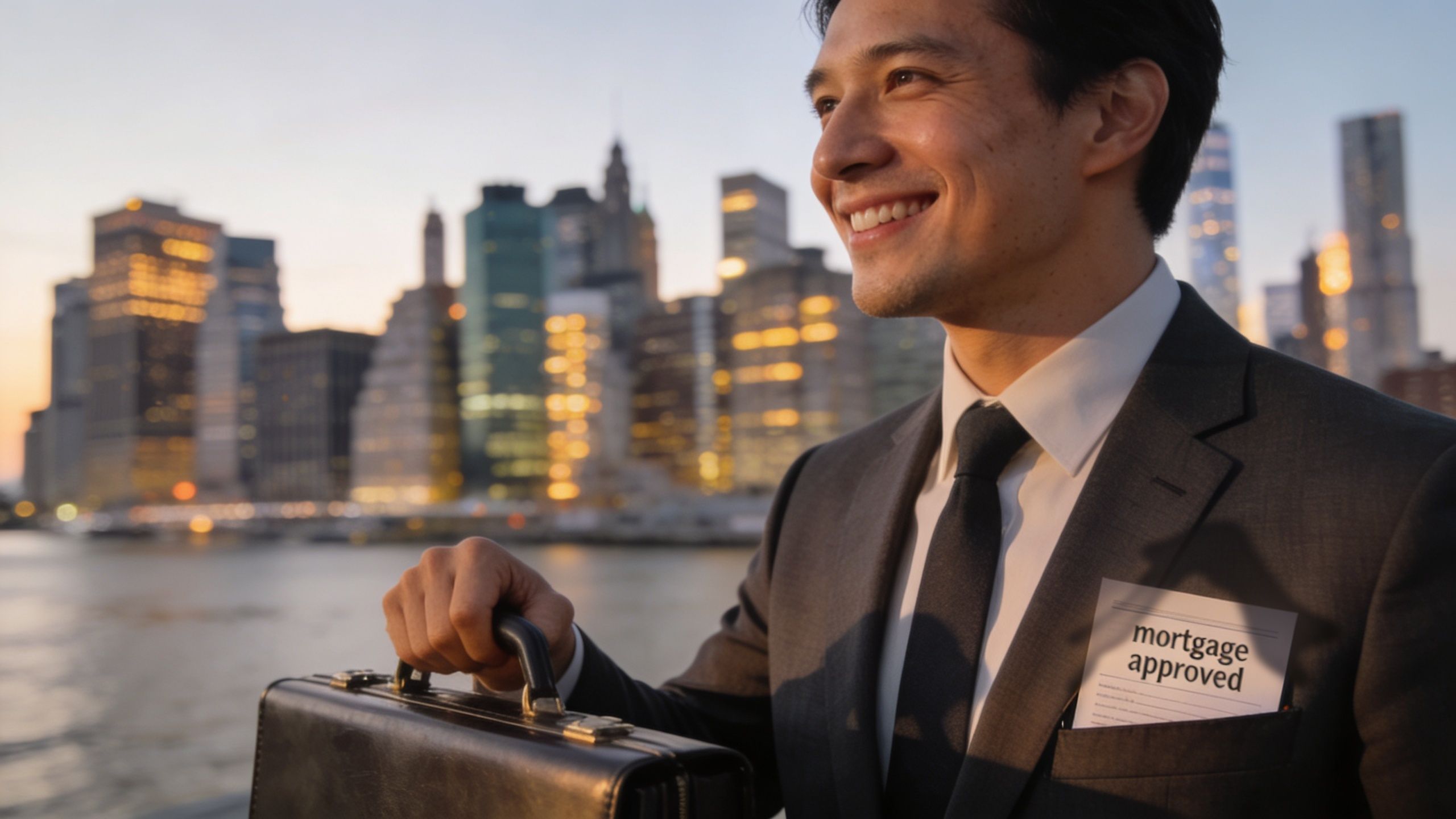 A professional businessman smiling while holding a briefcase with a mortgage approved document in his suit pocket.
