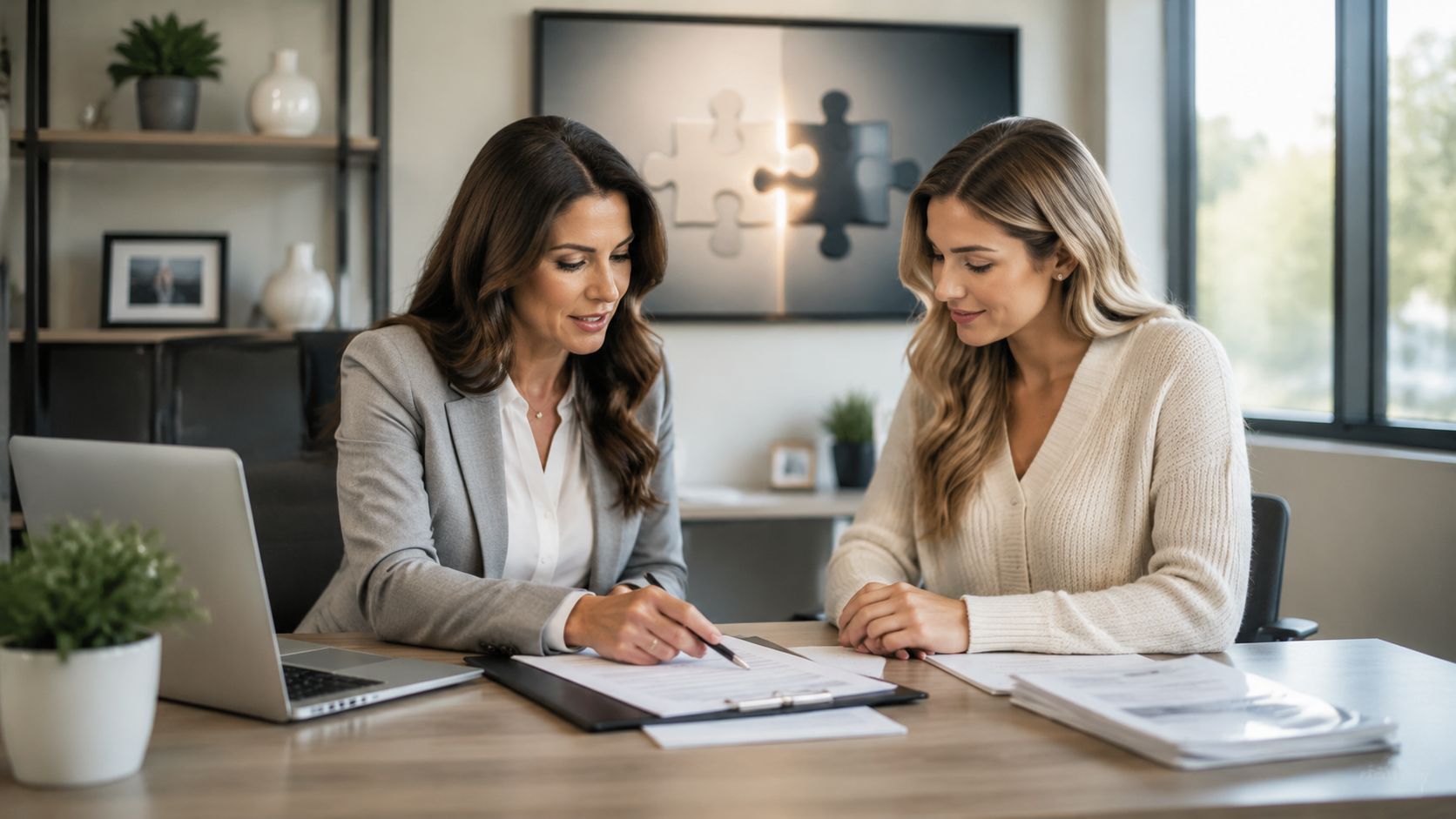 A professional financial advisor reviewing loan documents with a client at an office desk.