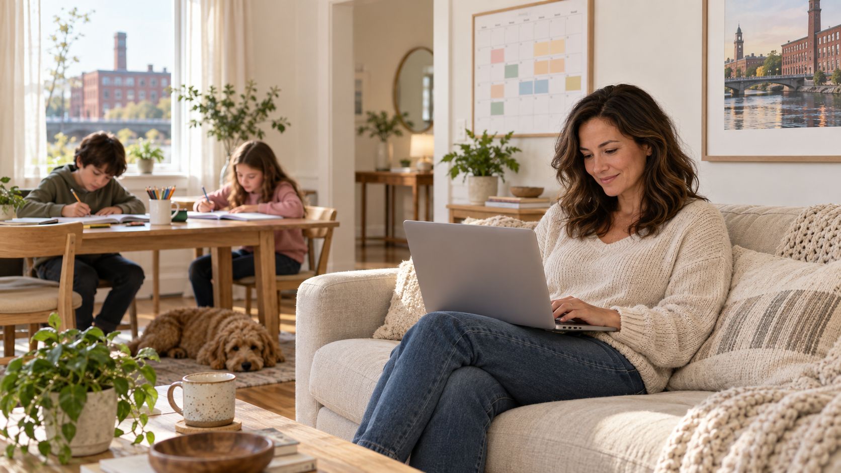 A woman working on a laptop on her sofa while two children study at a nearby table.