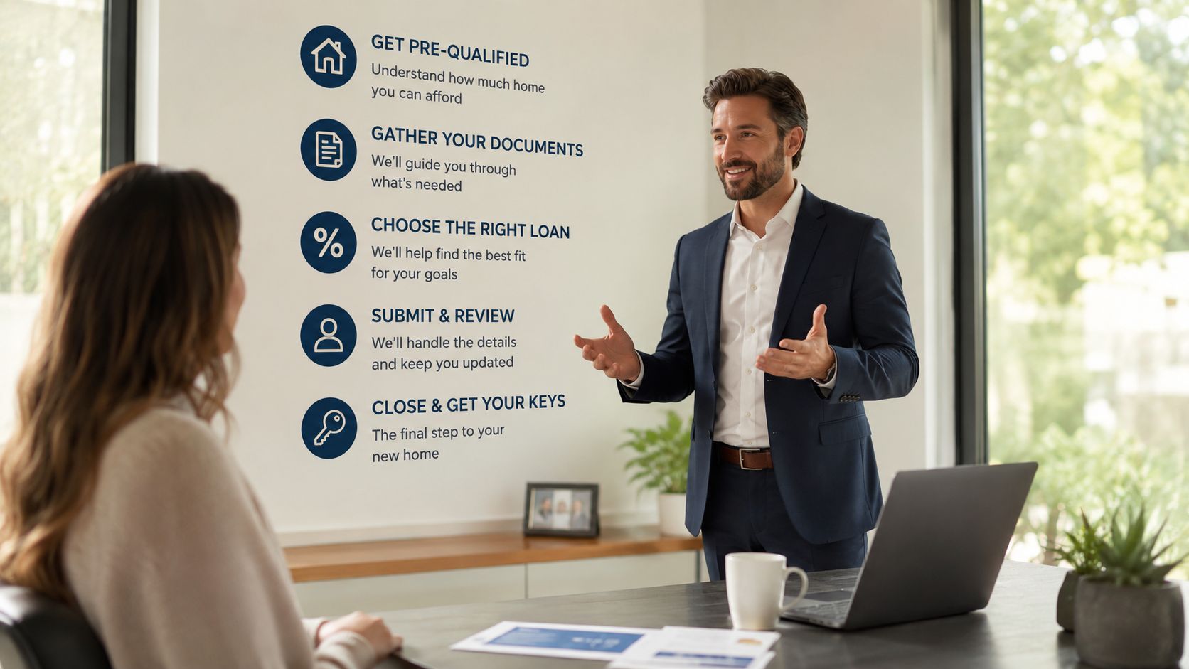 A professional mortgage advisor explains the home loan process to a client in a modern office.