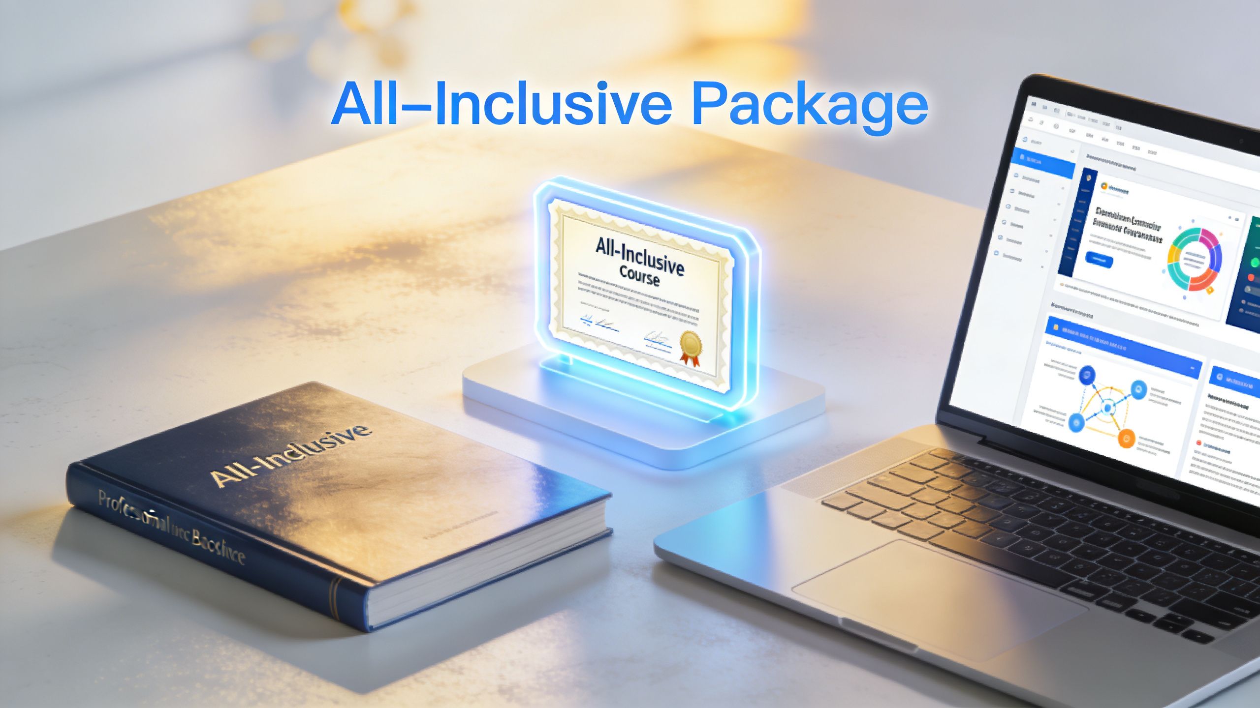 A laptop, a textbook, and a glowing certificate display, representing an online education course on a white table.