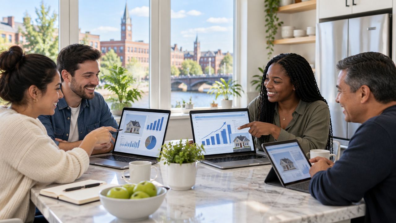 A diverse group of professionals collaborating on a home mortgage project around a kitchen table.