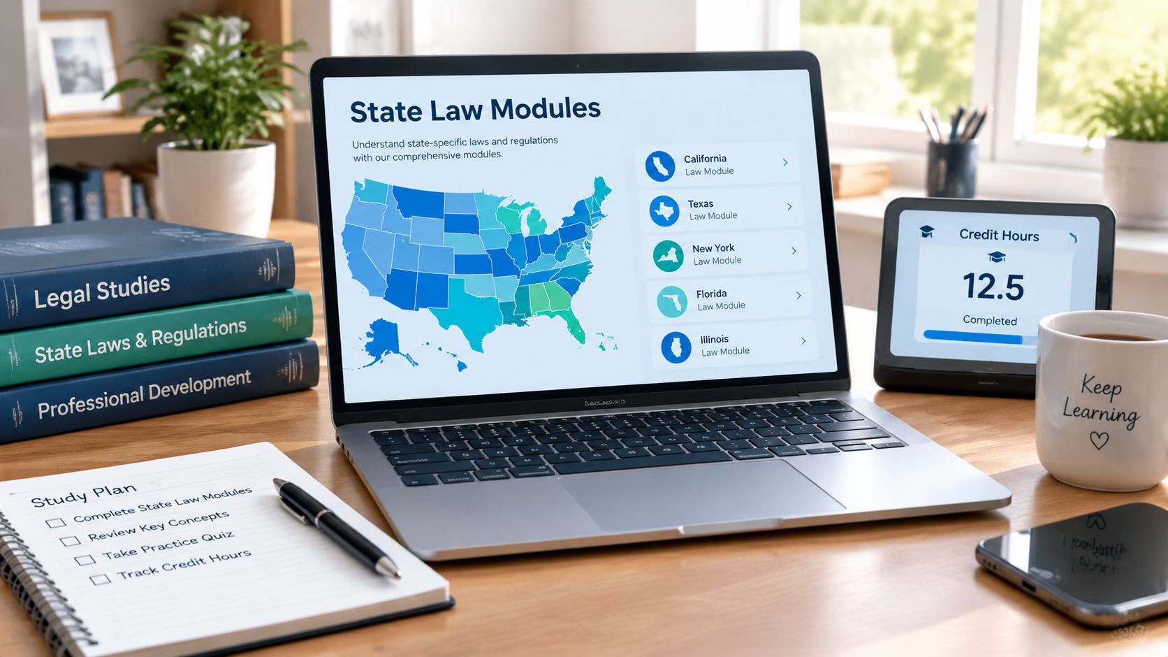 A laptop displaying state law modules alongside a study plan notebook, law textbooks, and a digital credit tracker.