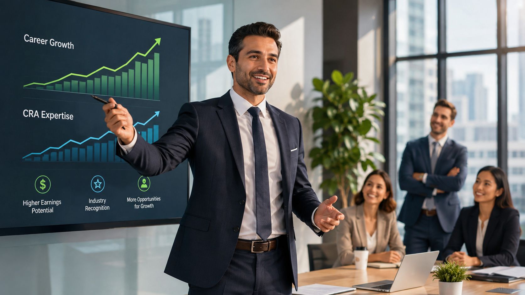 A professional man presents business growth charts and career opportunities to his attentive colleagues in a boardroom.