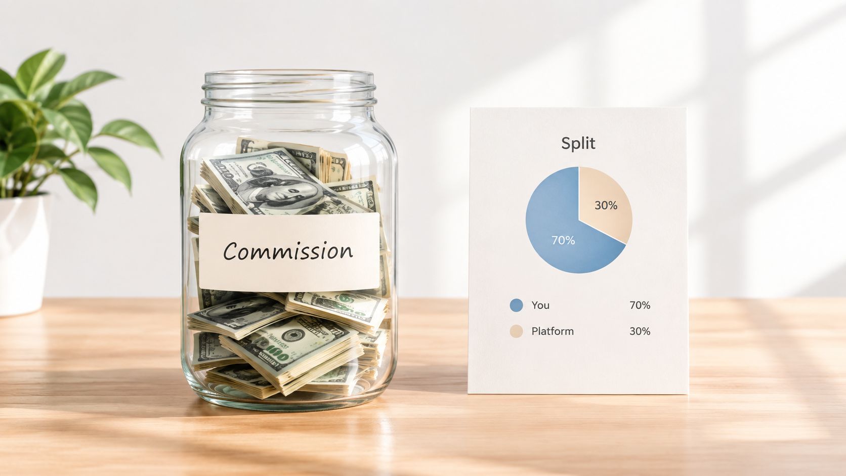 A glass jar filled with US dollar bills labeled Commission next to a pie chart showing a 70/30 split.