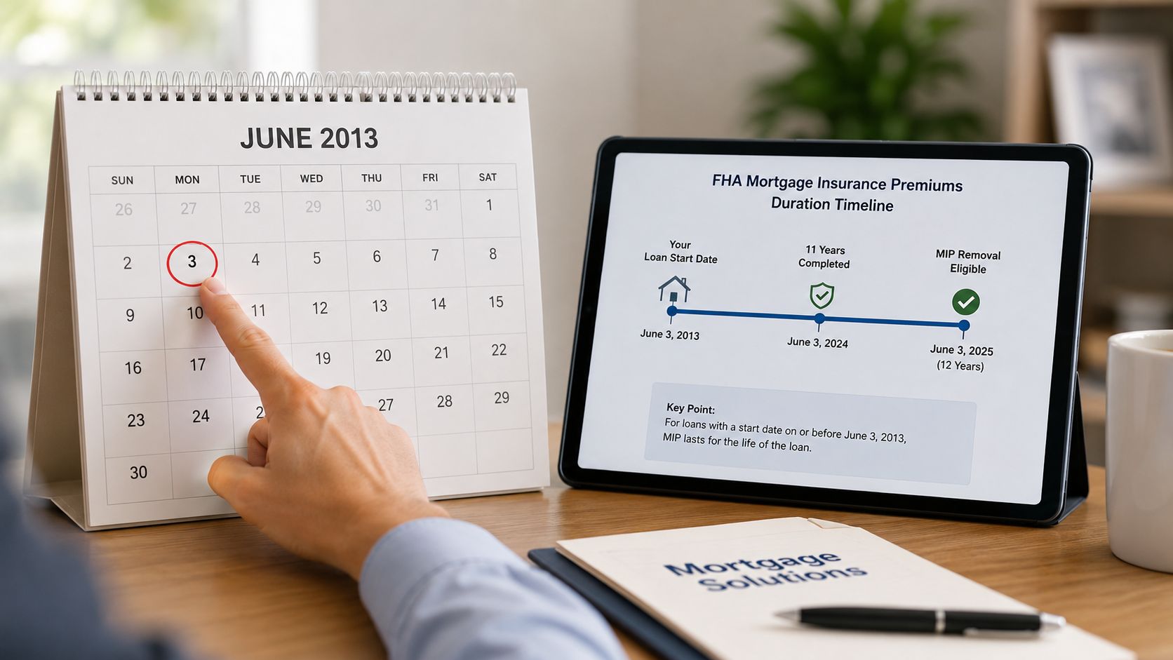 A person points to June 3rd on a desk calendar next to a tablet displaying FHA mortgage information.