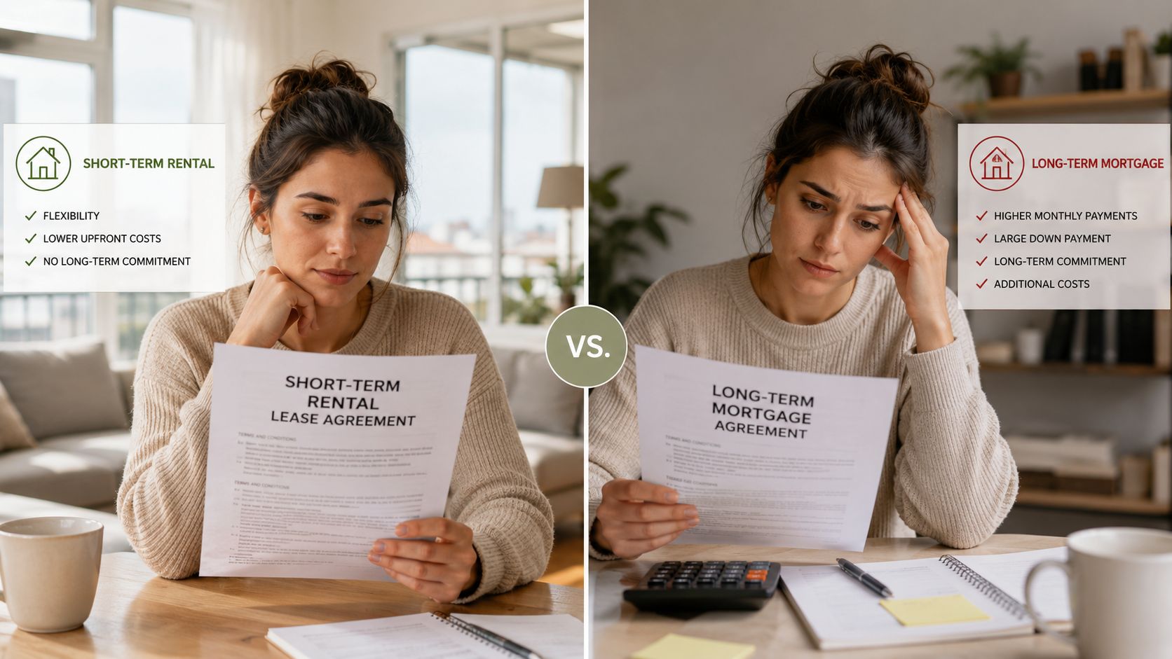 A split-screen comparison showing a woman considering a short-term rental versus a long-term mortgage agreement.