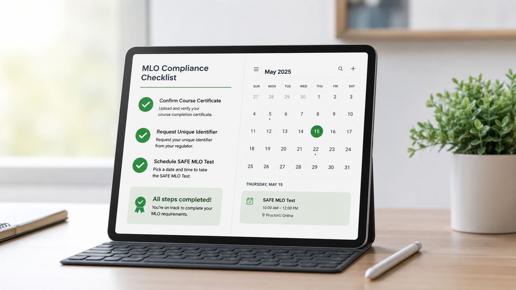 A tablet on a desk displays an MLO compliance checklist and a calendar for May 2025.