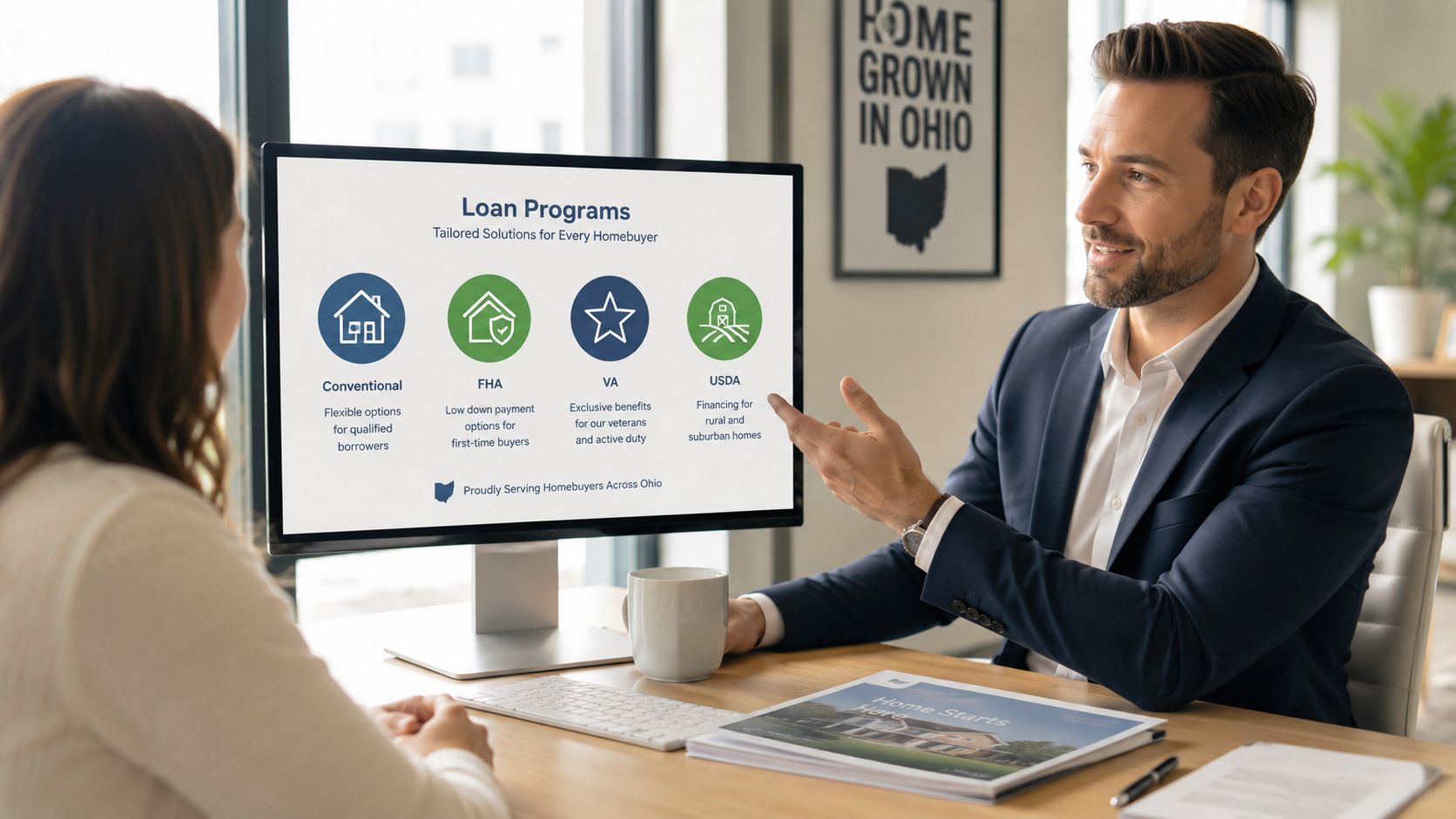 A professional mortgage loan officer explains various home loan program options to a client during a meeting.