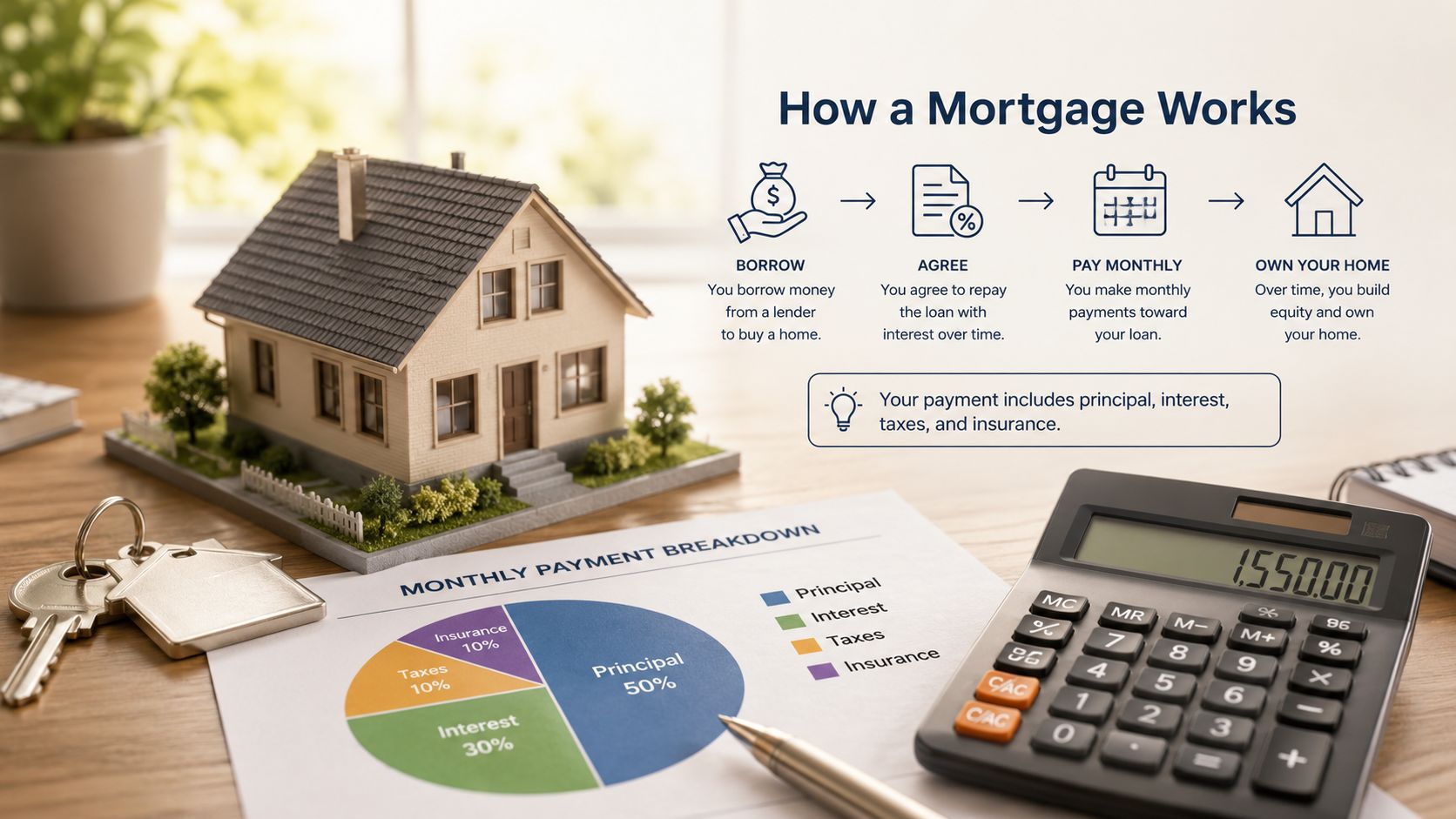 A house model, keys, and a financial chart showing the breakdown of monthly mortgage payment components.