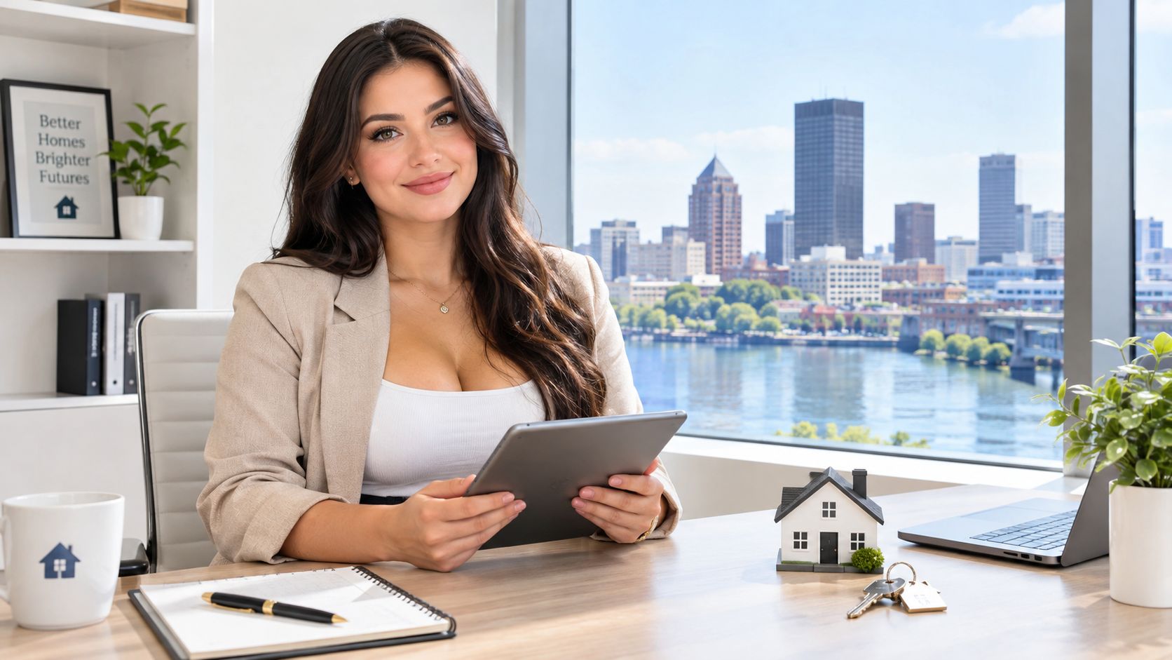 A professional female mortgage loan officer smiles while holding a tablet in a bright office.