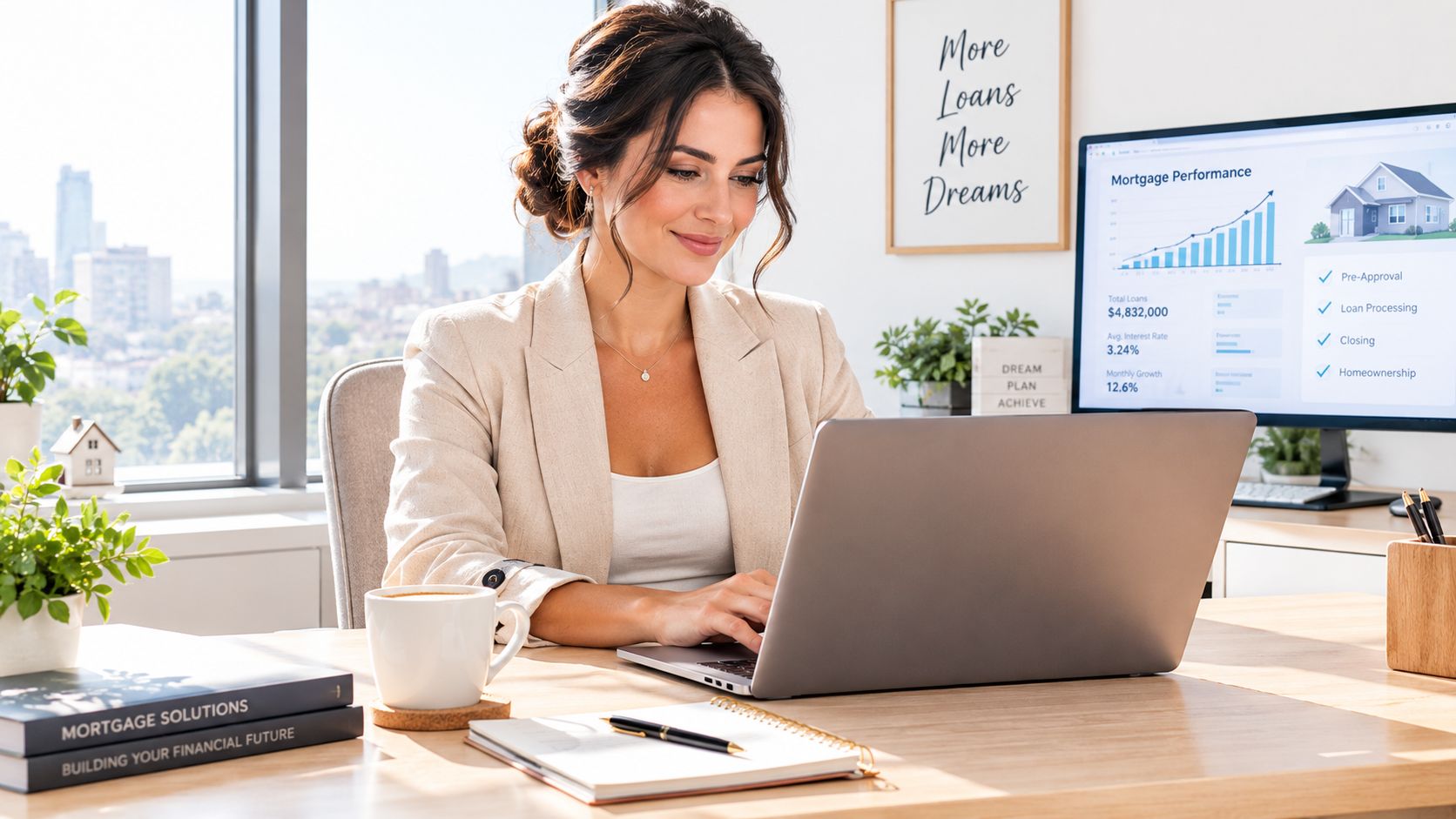 A professional mortgage broker working on a laptop in a modern sunlit office with financial graphs displayed.