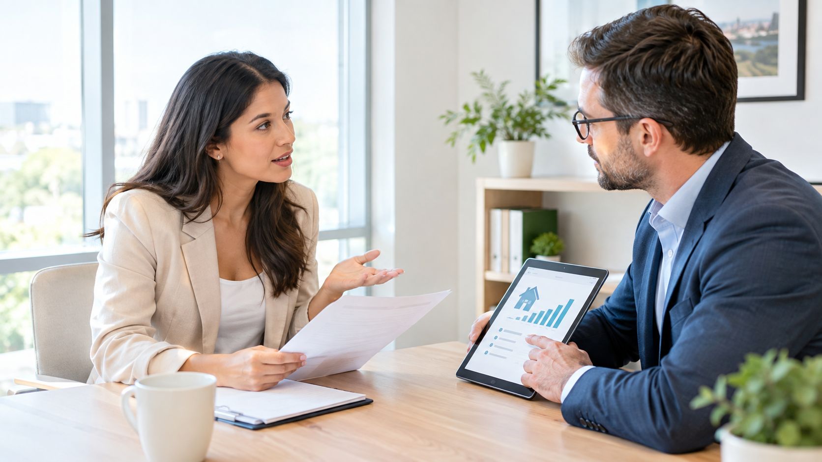 A professional woman and man discussing mortgage data and home market trends on a digital tablet.