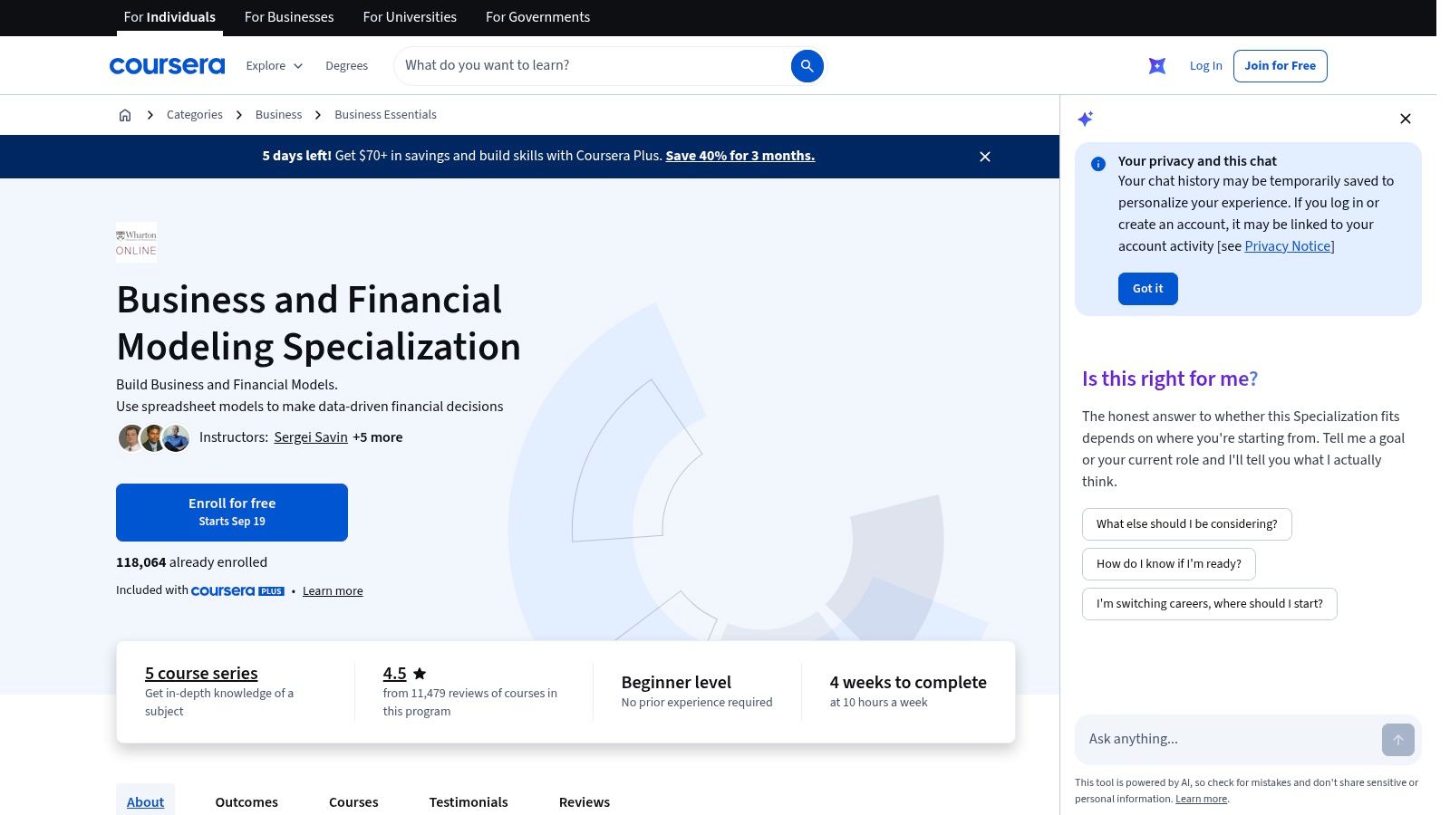 Wharton Business and Financial Modeling Specialization (Coursera)